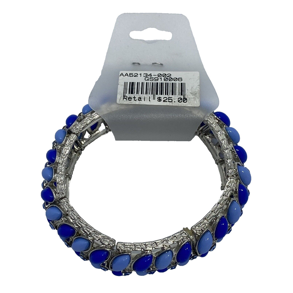 Tamina by Stella French Blue/Cobalt Blue Beaded 3" Stretch Bracelet Silver Band - Picture 4 of 10